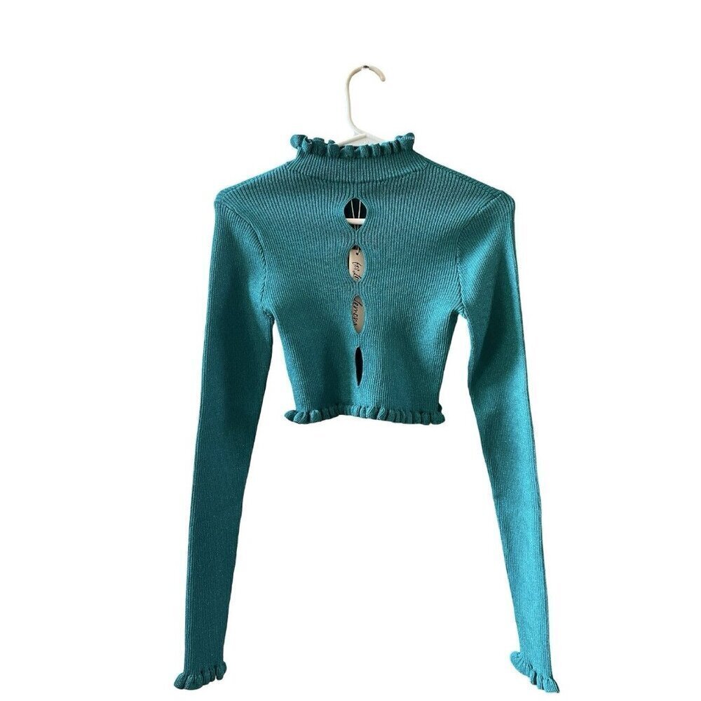 NWT For Love & Lemons "Lorelei" Cropped Sweater Top Teal Blue Metallic XS - Picture 6 of 11